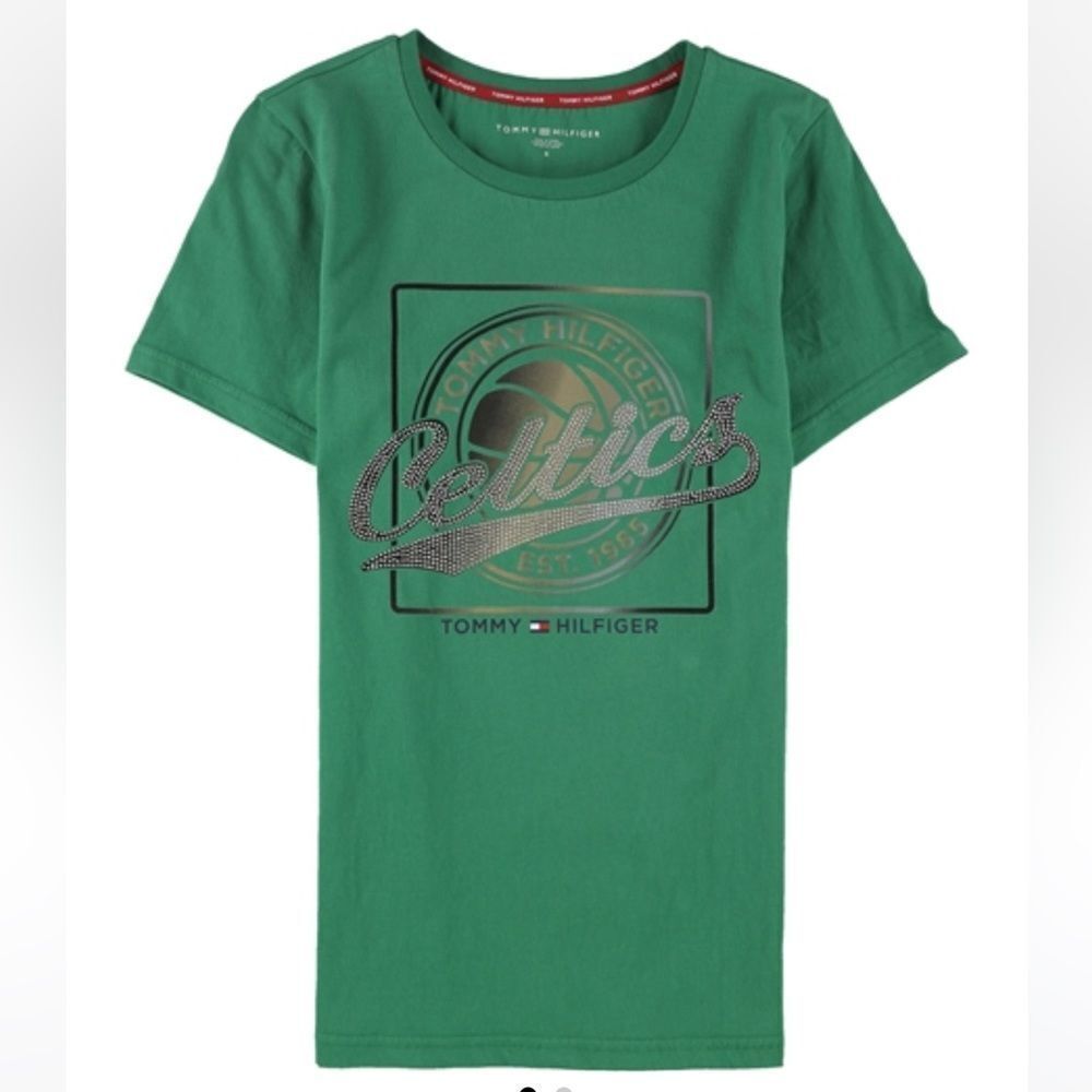 Tommy Hilfiger Womens Celtics Rhinestone Logoo Embellished T-Shirt Green S Nwt